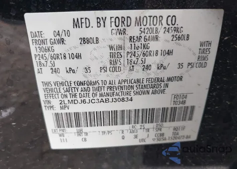 2010 Lincoln Mkx z USA, uszkodzony, nr VIN 2LMDJ6JC3ABJ30834